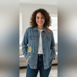 Quacker Factory Women's Size L Blue Denim Jacket with Jungle Animal Embroidery